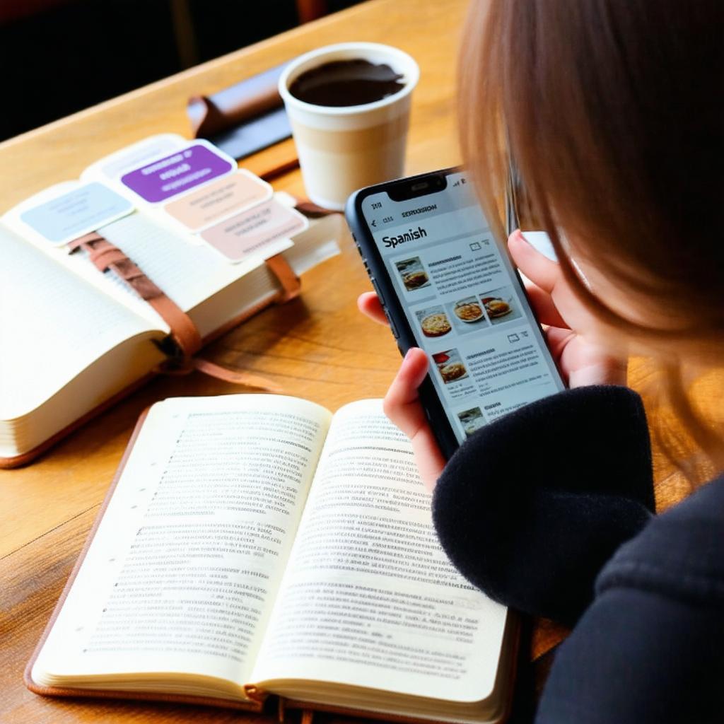 Osoba ucząca się języka w przytulnym pokoju, otoczona książkami i laptopem.