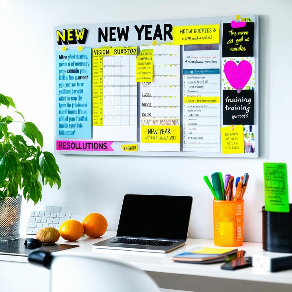 Rodzina uśmiechająca się w przytulnym pokoju, trzymająca znaki z motywującymi cytatami na Nowy Rok.