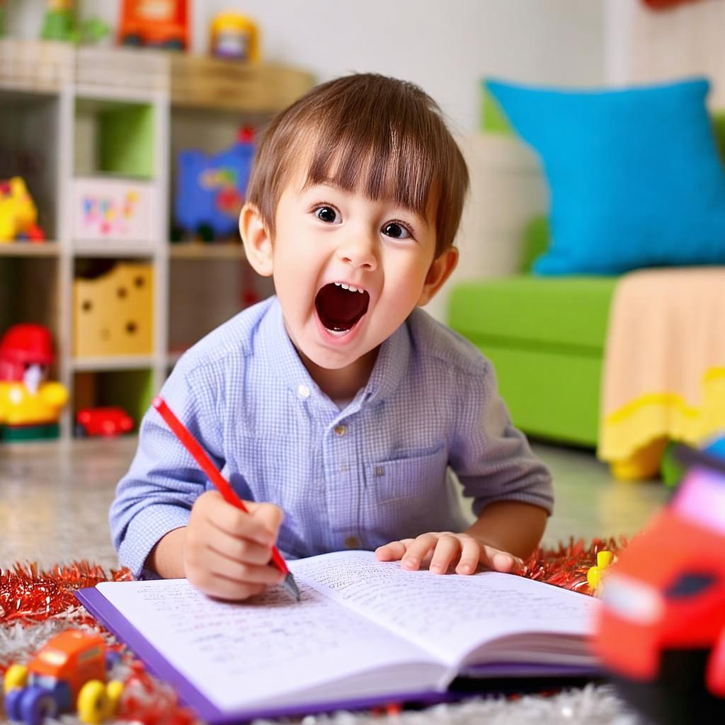 Dzieci piszące noworoczne postanowienia przy stole w przytulnym, ozdobionym pokoju.