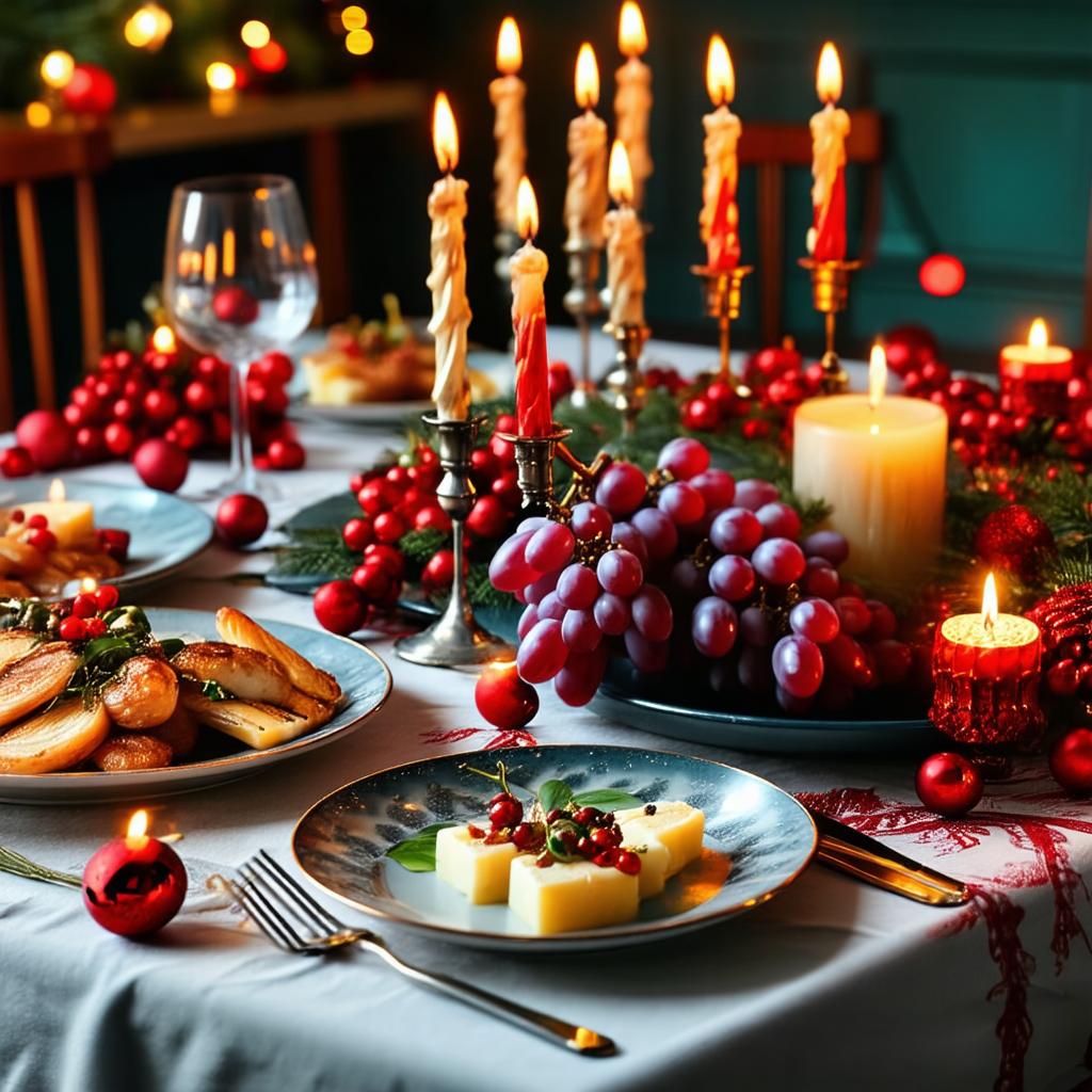 Dekoracje noworoczne, konfetti i świece na przytulnym stole w atmosferze święta.