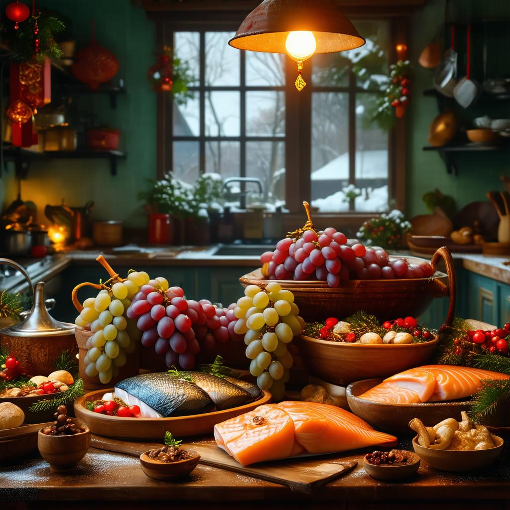 Stół przygotowany na sylwestra z kieliszkami szampana i tradycyjnymi potrawami, ozdobiony świątecznymi dekoracjami.