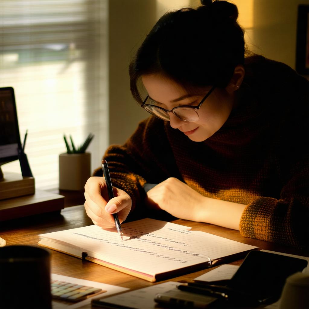 Ręcznie napisane noworoczne postanowienia finansowe na stole w przytulnym domowym otoczeniu.