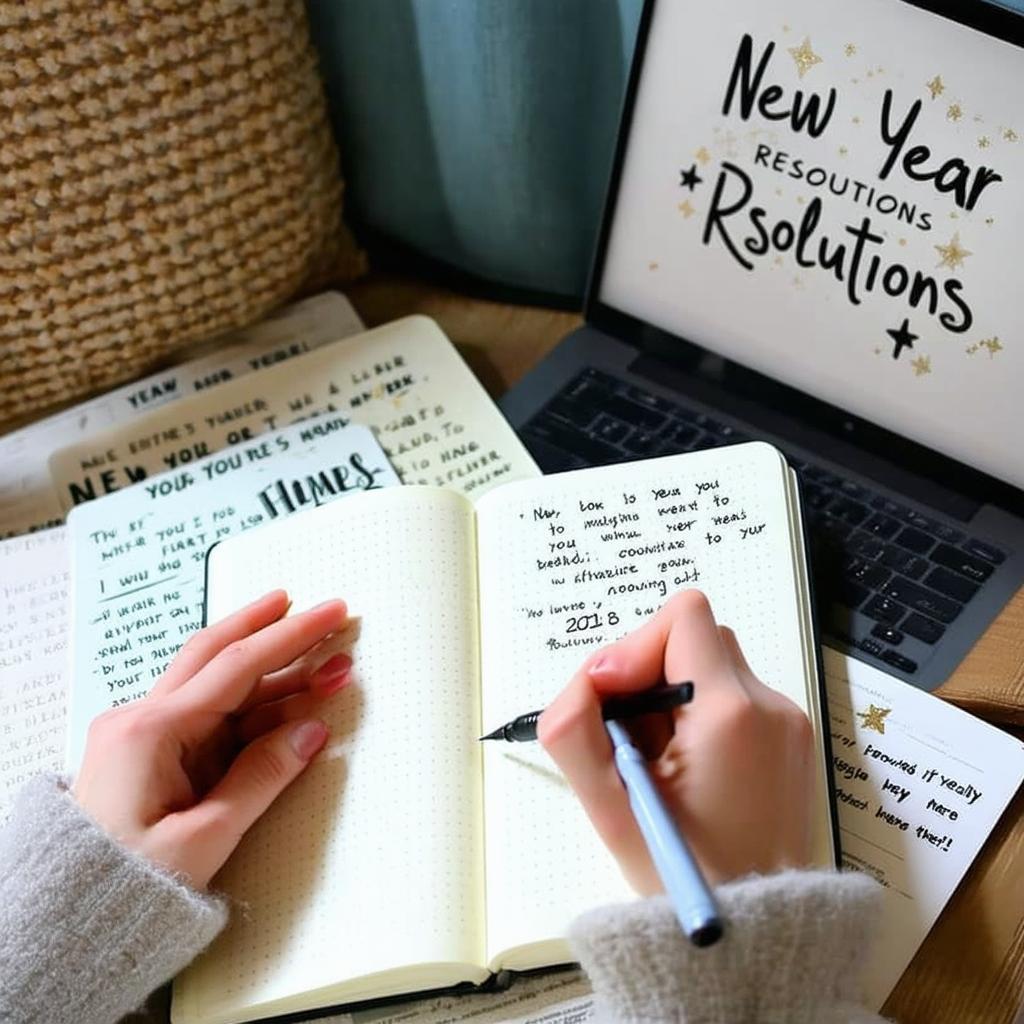 Osoba pisząca noworoczne postanowienia w notesie, wygląda na sfrustrowaną przy noworocznym stole.