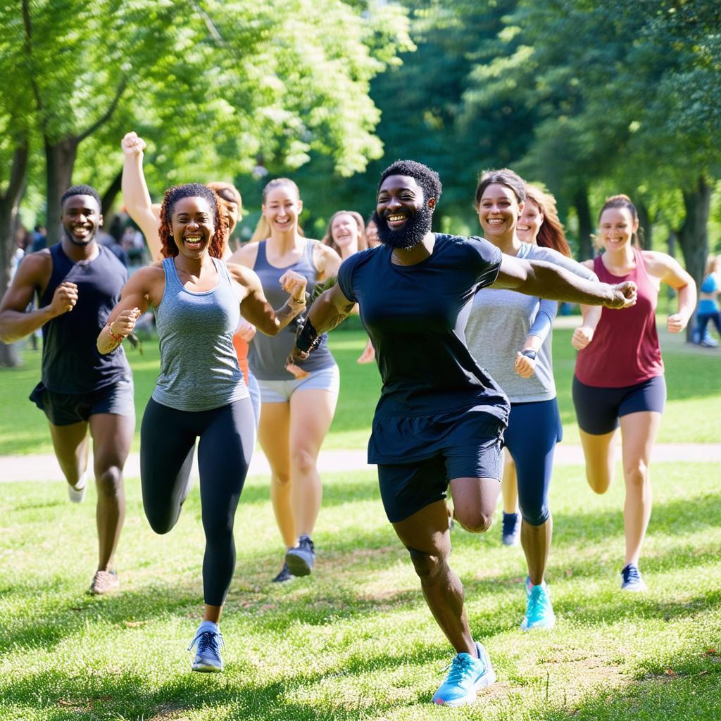Osoba biegająca w parku, ubrana w odzież sportową, otoczona drzewami i jesiennymi liśćmi.