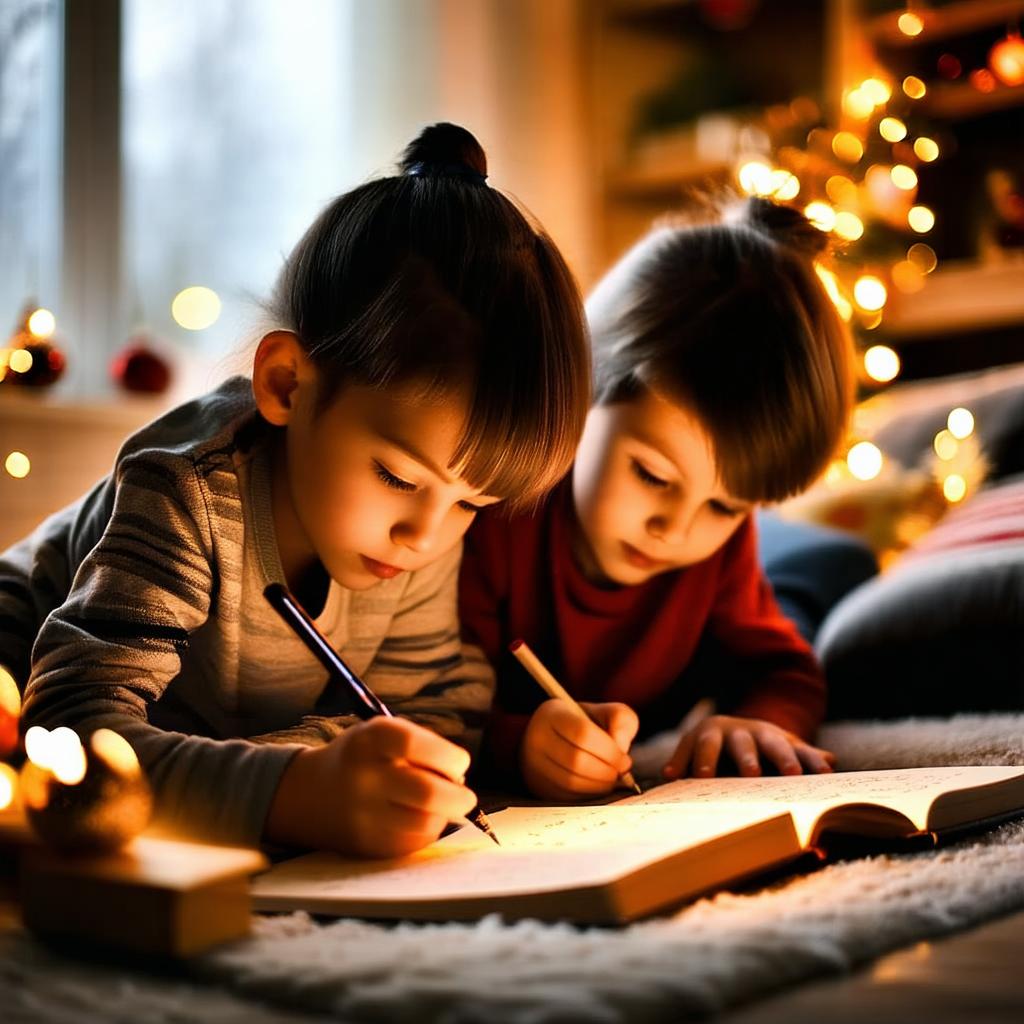 Grupa przyjaciół w kawiarni pisze postanowienia noworoczne, uśmiechając się.