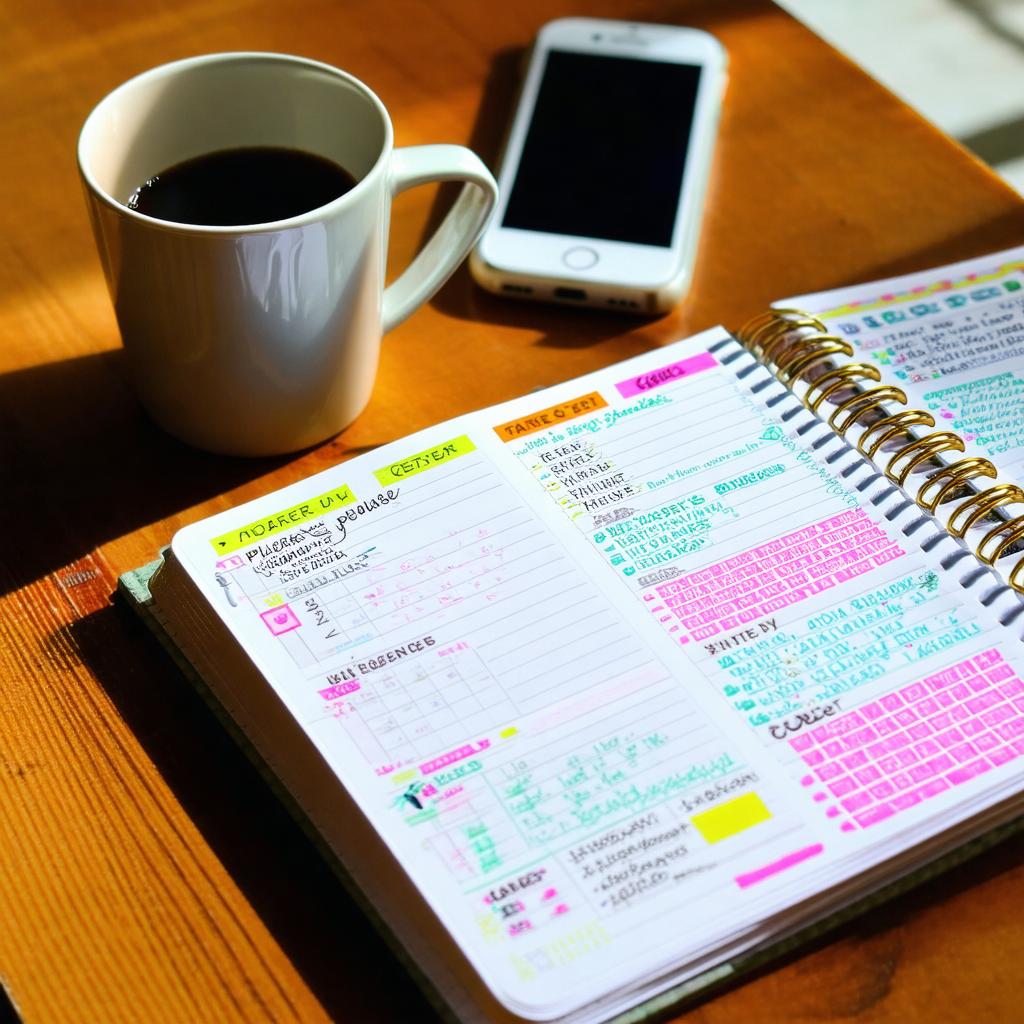 Kalendarz z noworocznymi postanowieniami obok filiżanki herbaty na drewnianym stole.