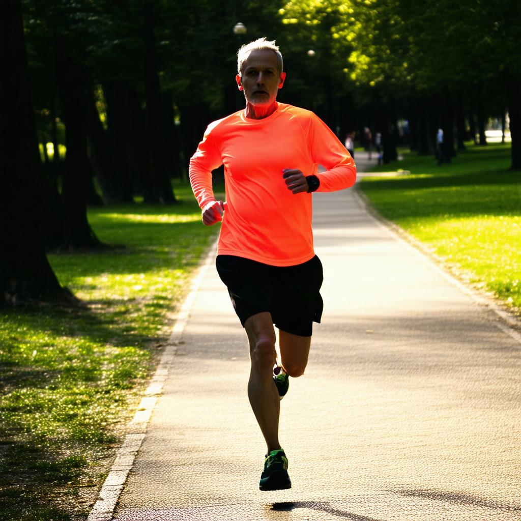 Osoba biega w parku w stroju sportowym w słoneczny dzień otoczona drzewami.