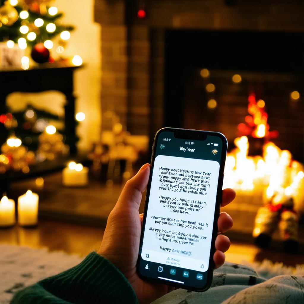 Kartka noworoczna z napisem Szczęśliwego Nowego Roku otoczona dekoracjami świątecznymi na drewnianym stole.