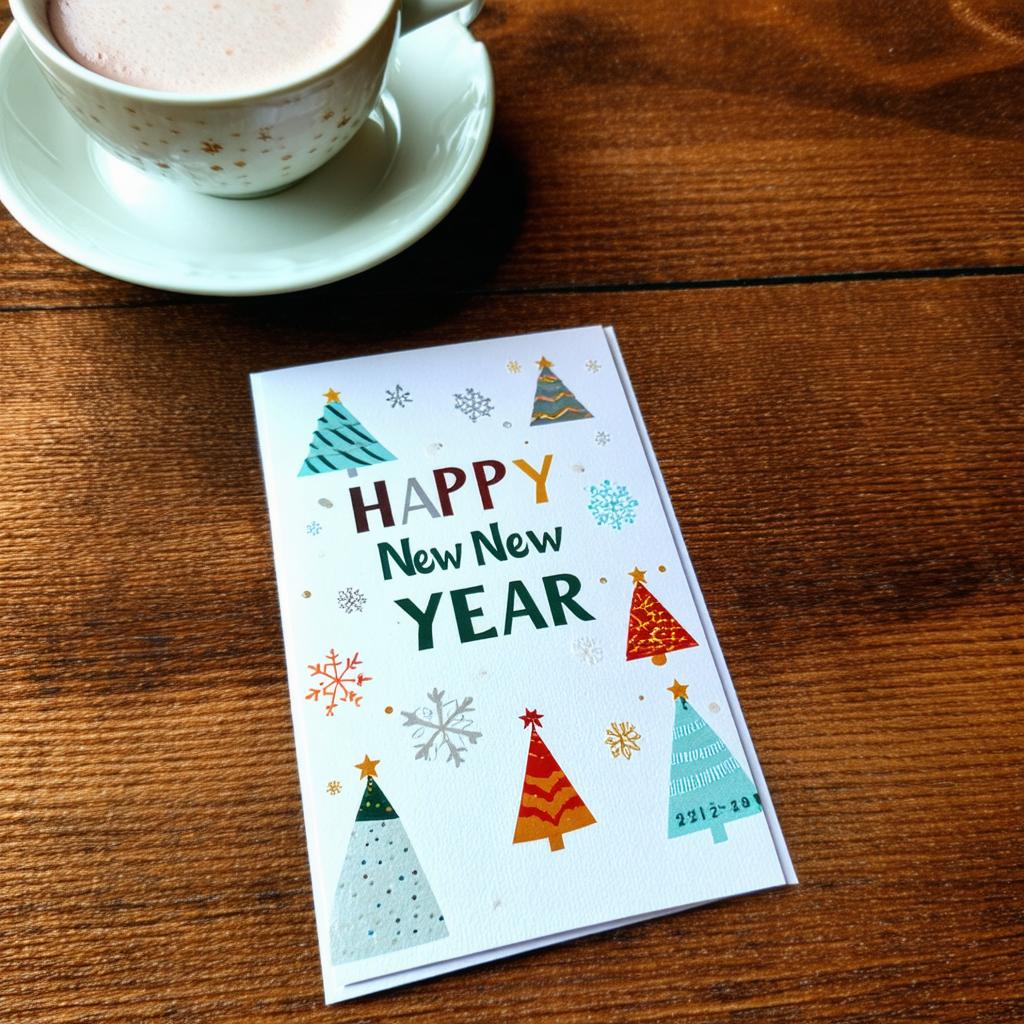 Kartka noworoczna z kolorowymi dekoracjami i konfetti na drewnianym stole.