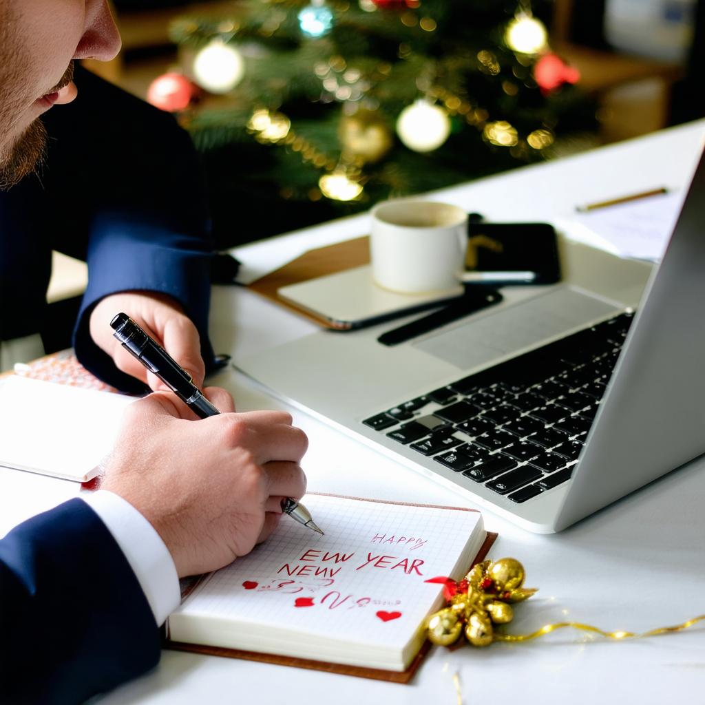 Scena noworoczna z fajerwerkami i toastem z kieliszkami szampana o północy.