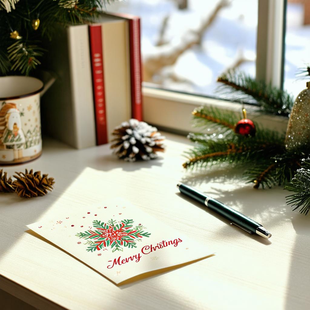 Rodzina trzymająca noworoczne kartki, uśmiechająca się w świątecznej atmosferze domowej.