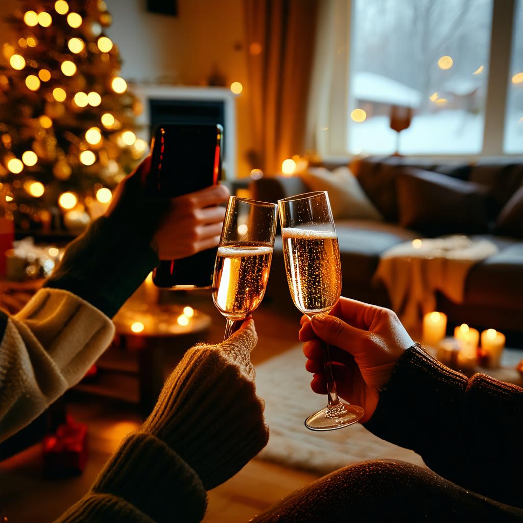 Kartka noworoczna ozdobiona złotymi i srebrnymi elementami na drewnianym stole z świecami.