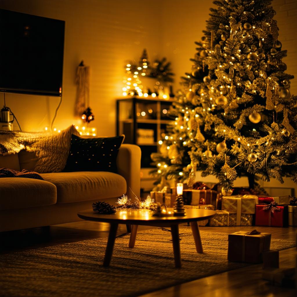 Pięknie ozdobiona choinka bożonarodzeniowa z prezentami w przytulnym salonie.