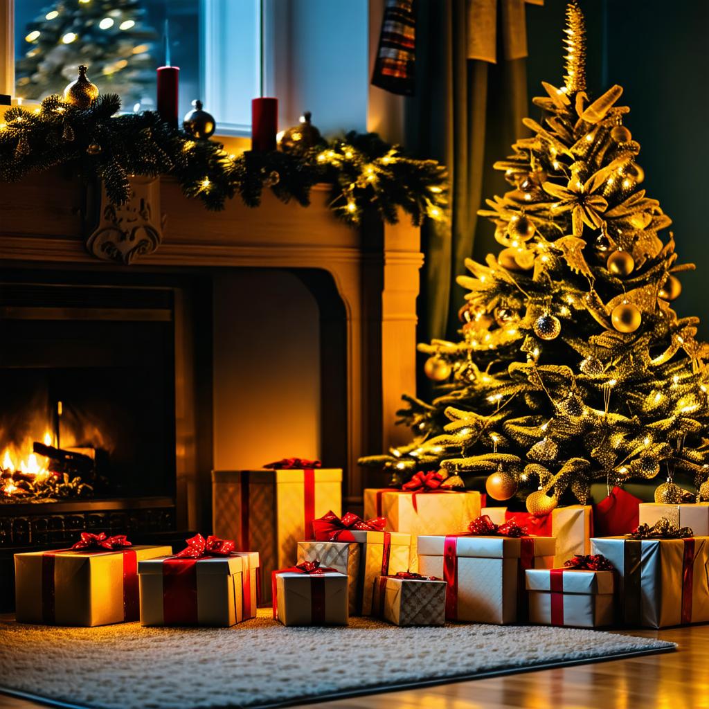 Świąteczne dekoracje noworoczne w przytulnym salonie, mieniące się światła i ozdoby.