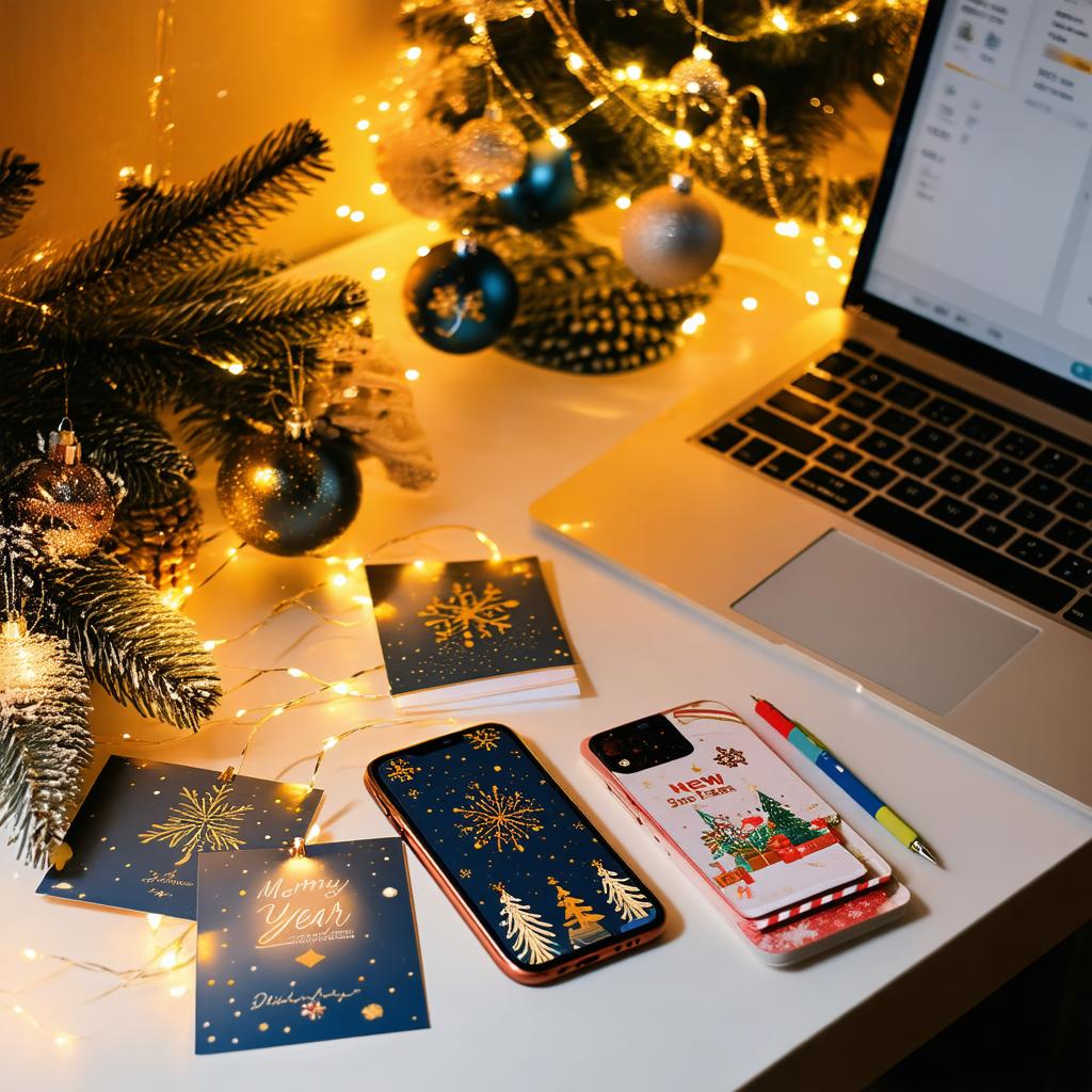 Elegancka kartka noworoczna na drewnianym biurku obok laptopa.