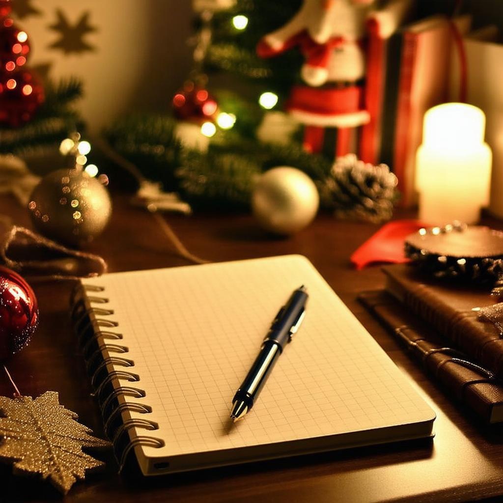 Festiwalowa kartka noworoczna z życzeniami, udekorowana fajerwerkami na drewnianym stole.